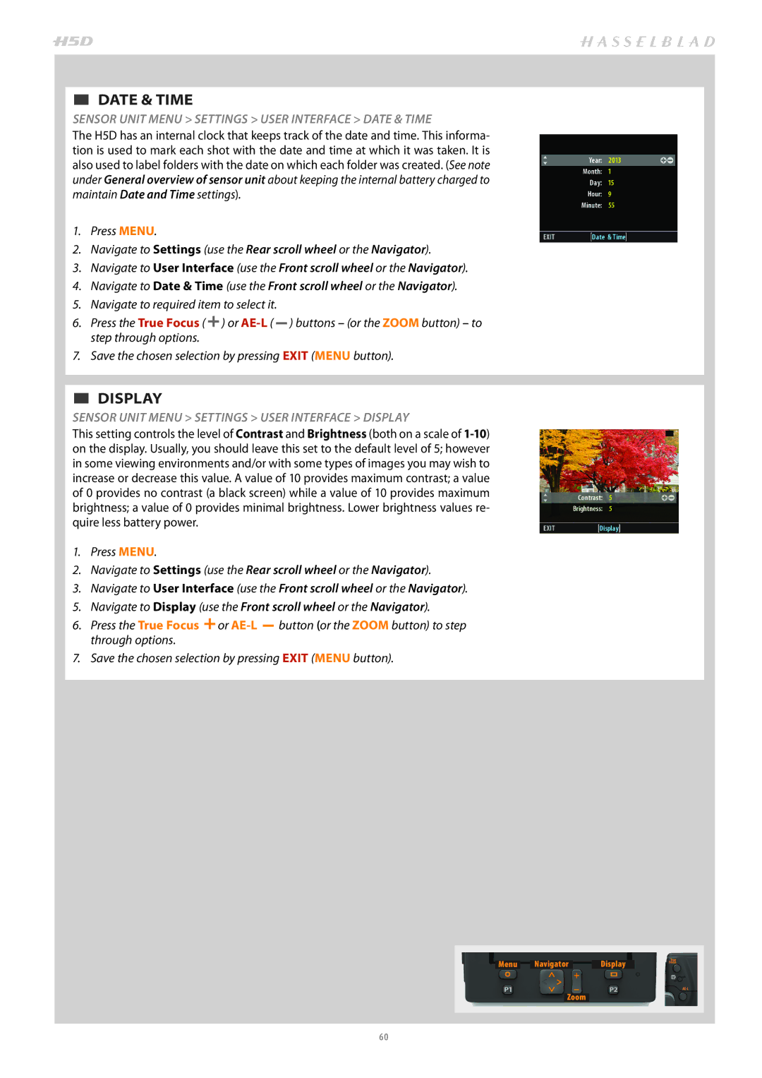 Hasselblad H4D200MS user manual  DATE & Time,  Display, Sensor Unit Menu Settings User Interface Date & Time 